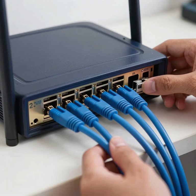 A technician configuring a home network router with dark navy and steel blue cables in a Malaysian setting.