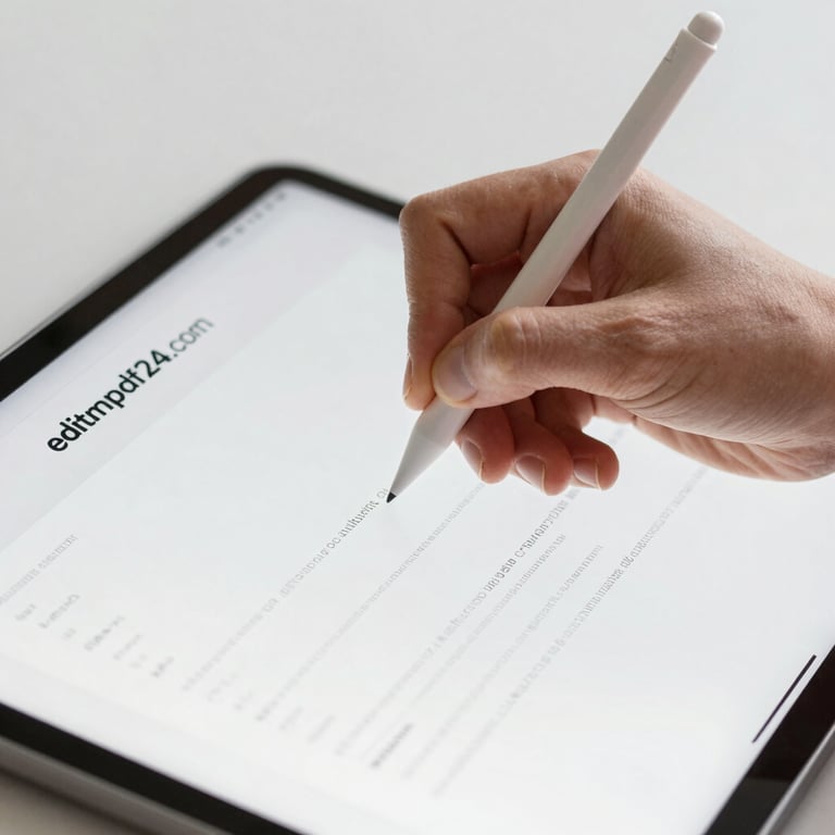 Close-up of a hand using a stylus to sign a PDF on a tablet, showing the professional e-signature interface of editmypdf24.com.