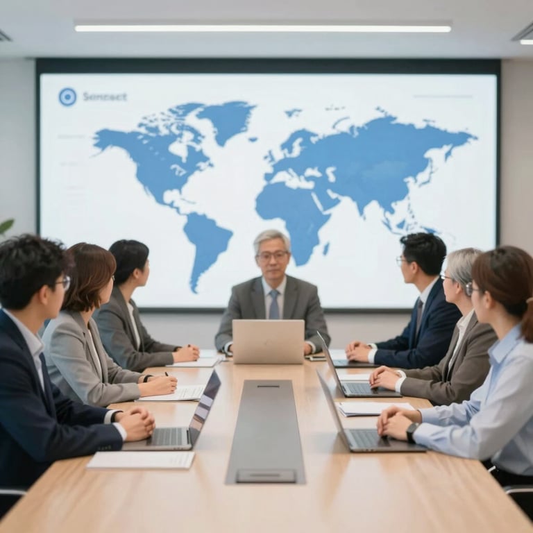 A diverse team of professionals in a modern conference room, representing global reach and authoritative support services.