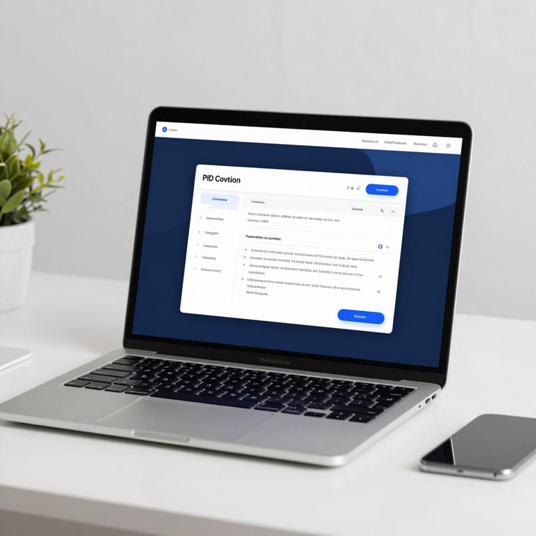 A clean, minimalist workspace with a laptop displaying a PDF conversion interface in the brand's navy and light blue colors.