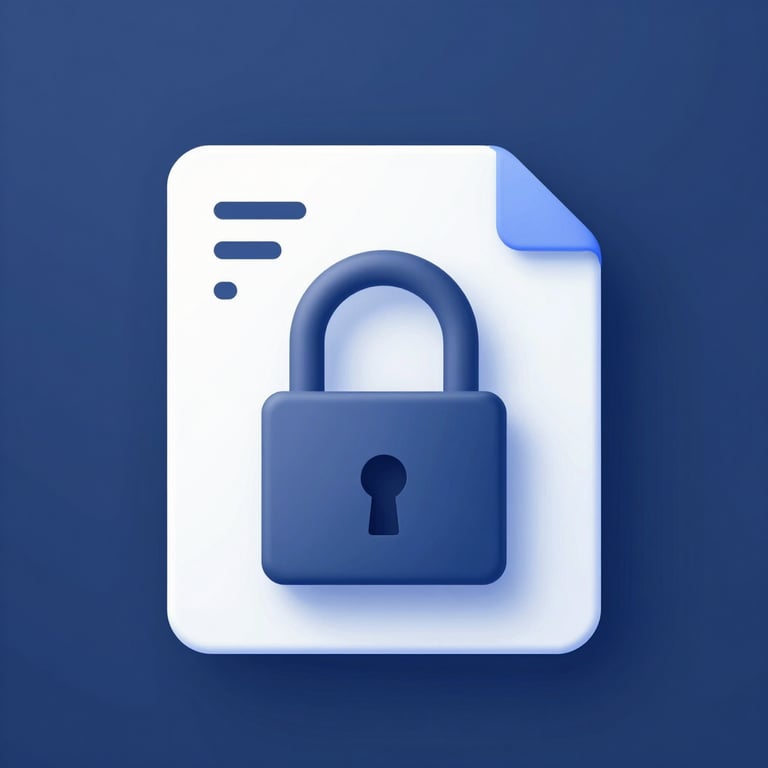 A conceptual 3D render of a PDF icon being securely locked with a padlock, using #0A192F and #D6E0F0 tones.