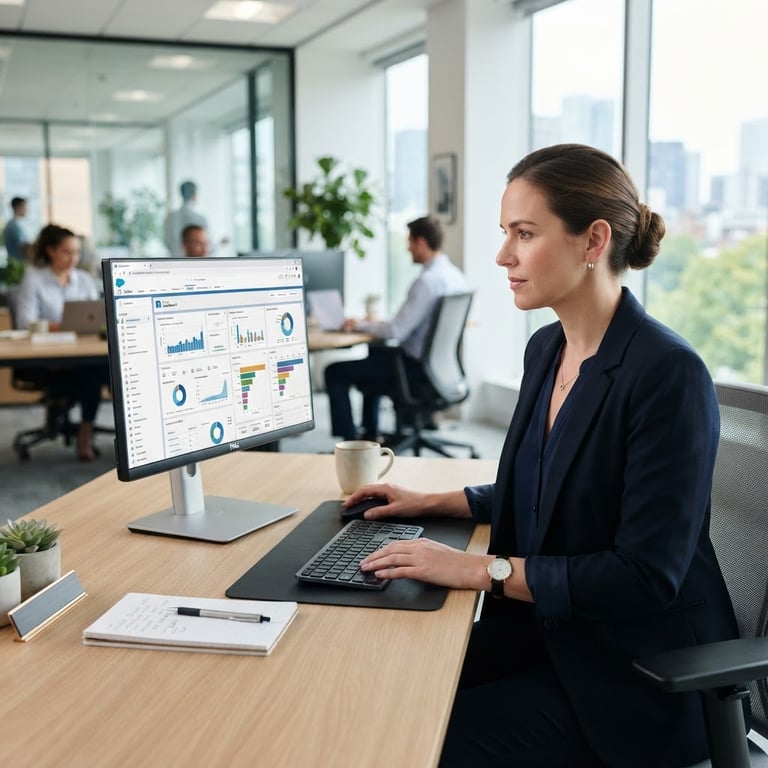 A focused businesswoman analyzing data on a CRM software dashboard in a modern office.