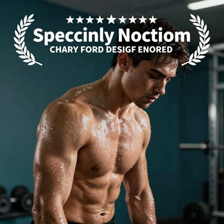 A person in mid-action during a workout, sweat glistening, in a professional gym with deep teal walls.