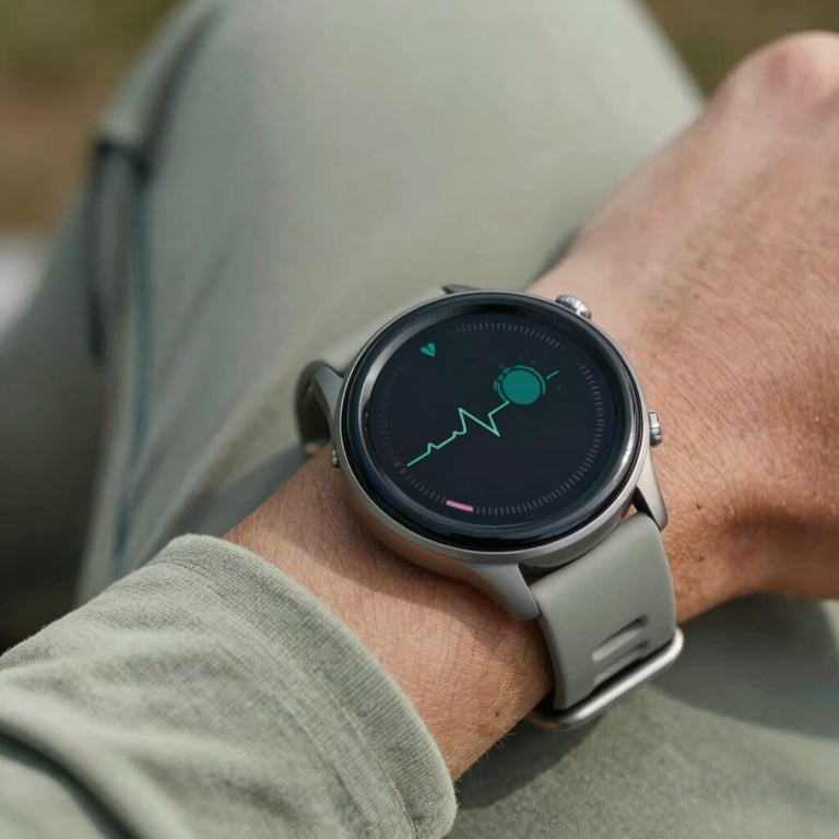 Close-up of a smartwatch displaying a heart rate, with a background of dusty sage workout gear.