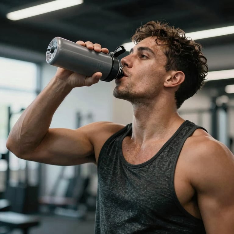 An athlete drinking water from a sleek bottle, looking motivated after a session, in a modern fitness space.