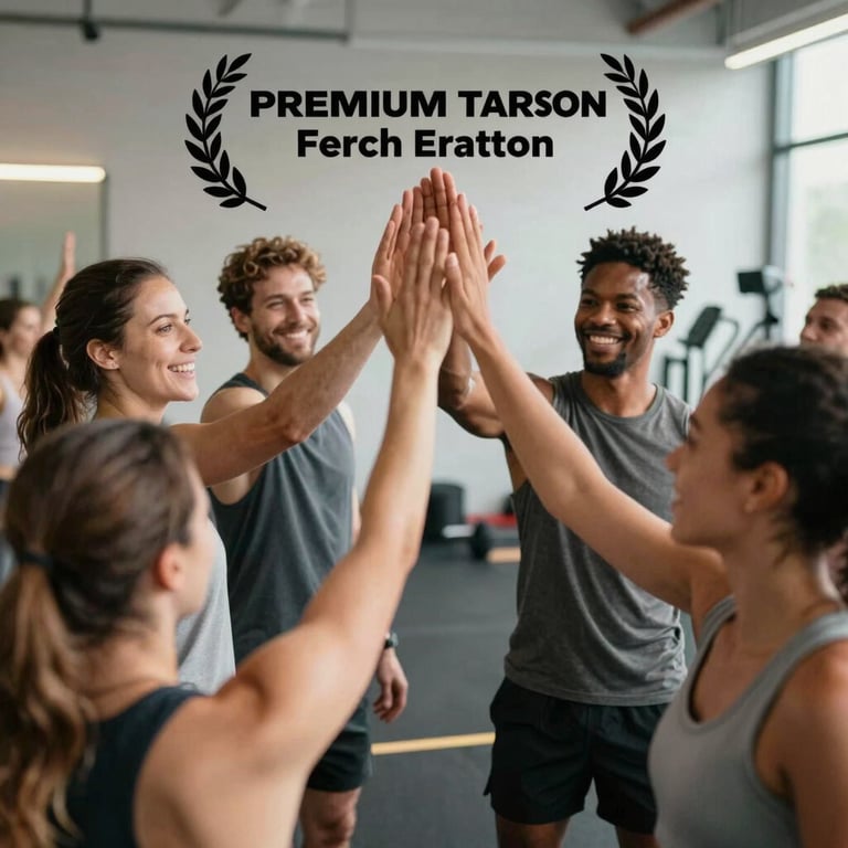 A group of diverse people smiling and high-fiving after a fitness class, embodying a premium and welcoming community.
