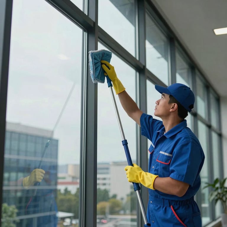 A professional cleaner in a steel blue uniform expertly cleaning large glass windows of a modern building.