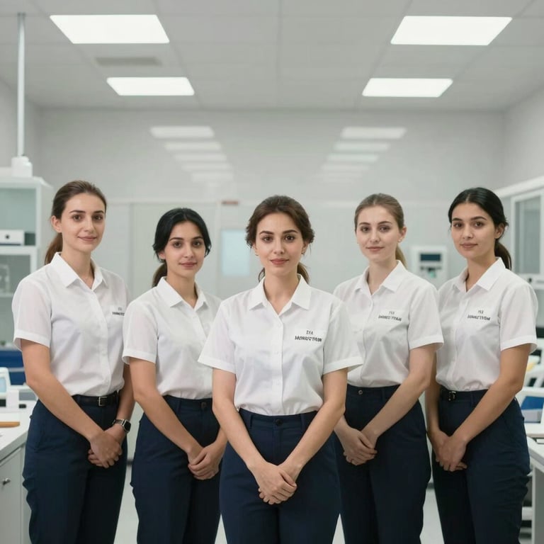The Ankara Hijyen Temizlik team standing professionally in front of a clean, modern facility under bright, soft lighting.