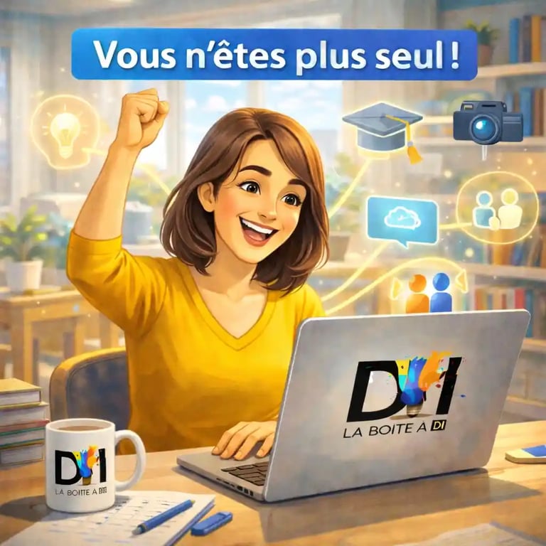 Bienvenue sur La Boîte à DI : femme de 40 ans souriante en ligne, message “Vous n’êtes plus seul !”