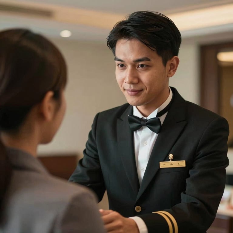 Close-up of a hotel concierge warmly assisting a guest, genuine interaction, professional Southeast Asian hospitality.