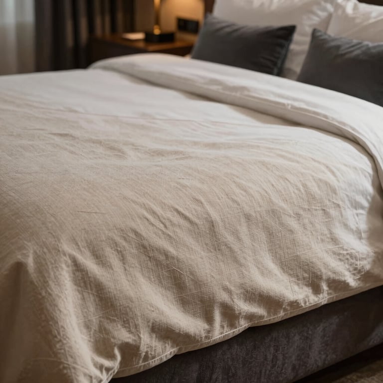 Detailed view of a luxury hotel suite with soft sand linen and charcoal accents, inviting and elegant mood.