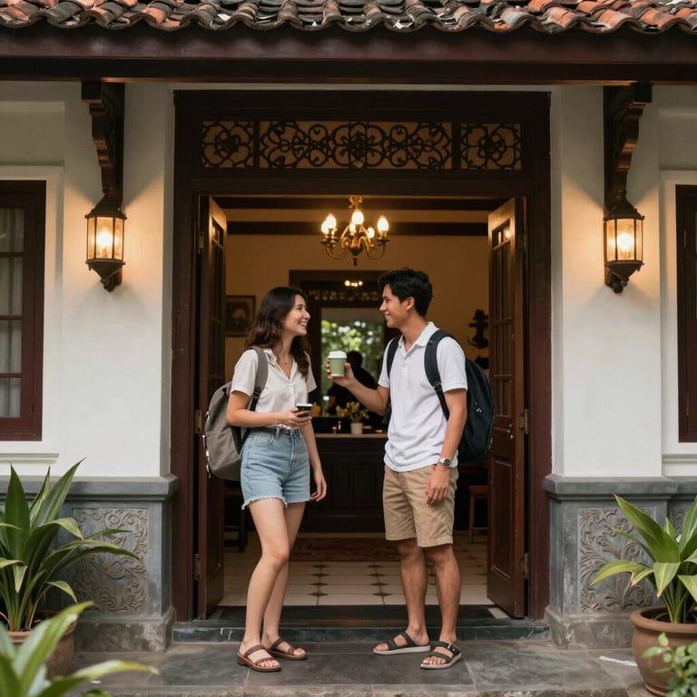 Happy travelers checking into a boutique hotel with authentic Indonesian architectural details and warm lighting.
