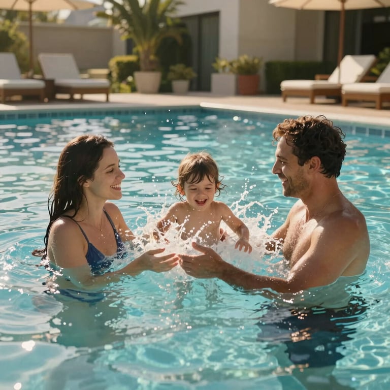 Cinematic shot of a family playing together in a sun-drenched hotel pool, splash of water, warm afternoon lighting.
