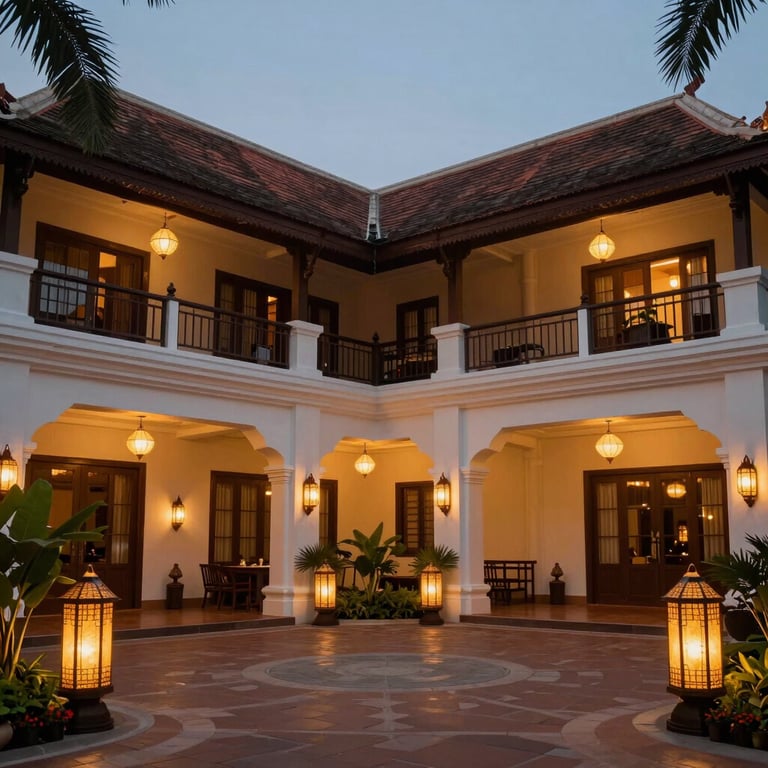 Cinematic evening view of a hotel courtyard with warm glowing lanterns and elegant Southeast Asian design.