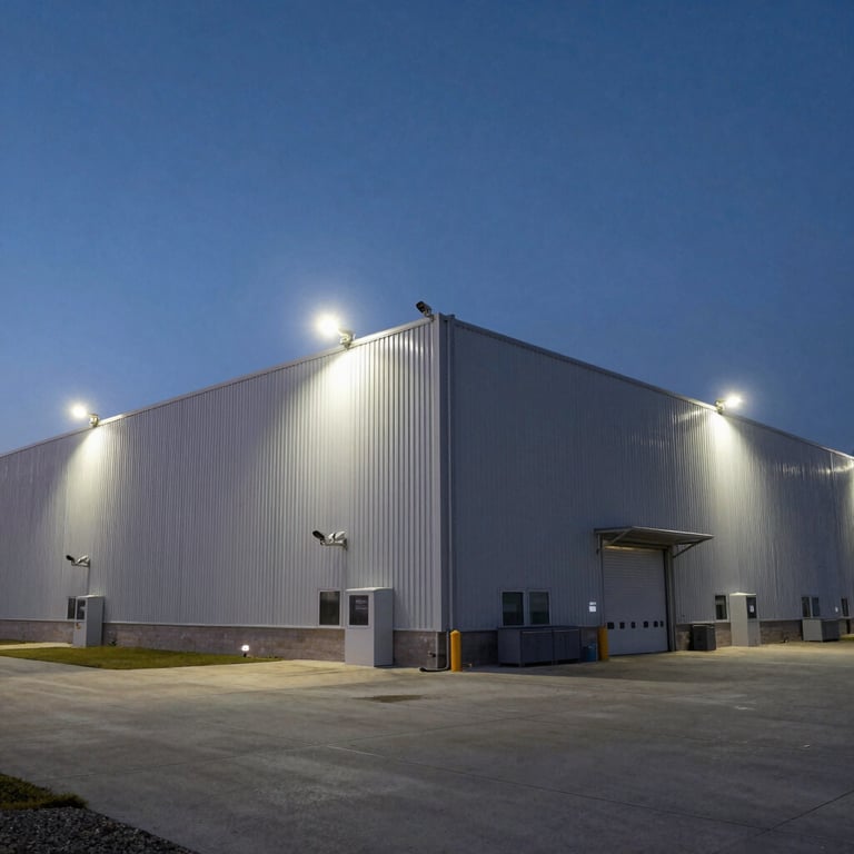 A wide-angle shot of a secure North American / US warehouse facility at dusk, illuminated by professional security lighting with visible CCTV cameras.