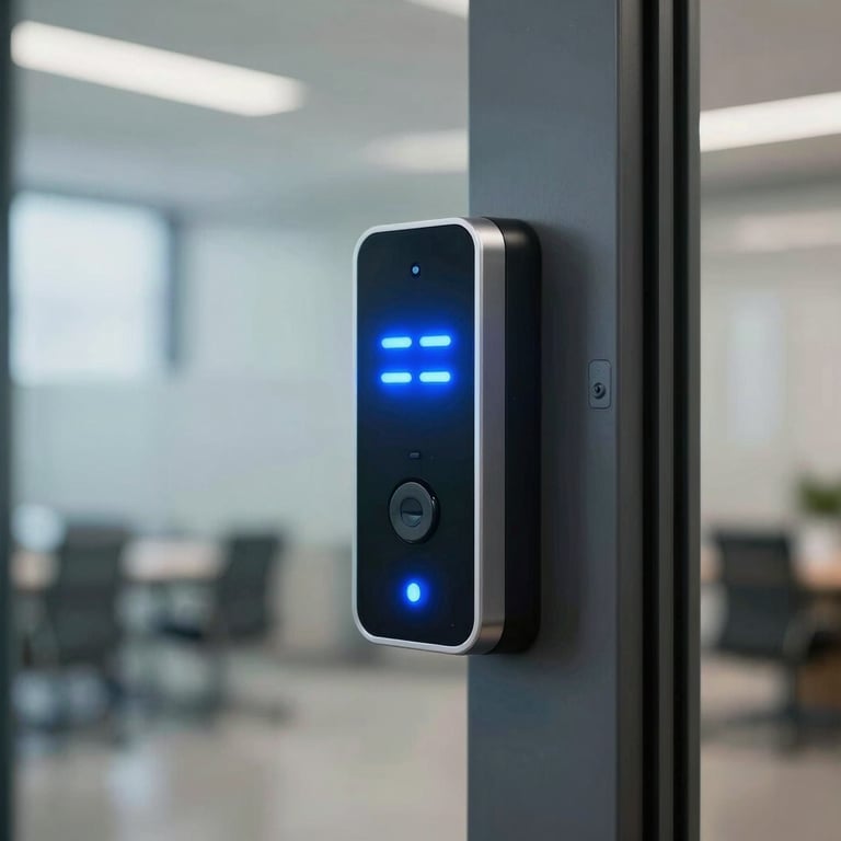 A sleek electronic access control card reader mounted on a modern glass office door in a North American / US commercial building, with Deep Blue LED status lights.