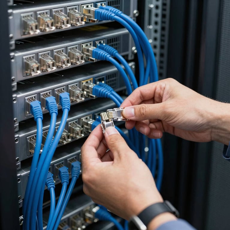 A technician neatly organizing Ice Blue and Steel Blue ethernet cables in a high-density network rack inside a North American / US data center.