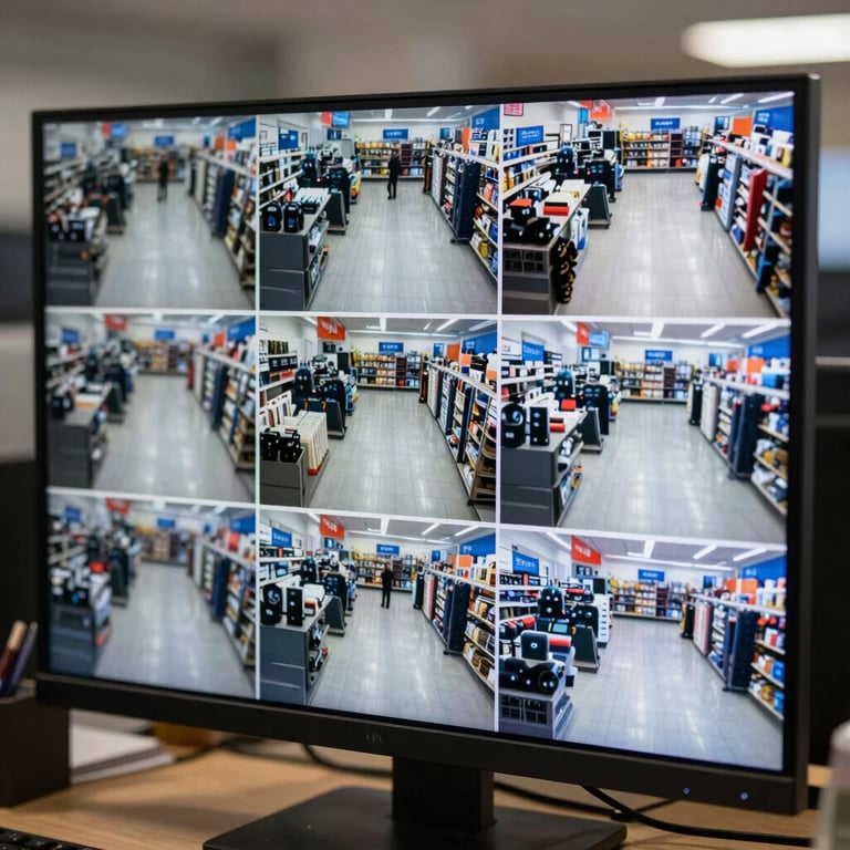 A high-definition security monitor displaying a multi-view grid of a retail store floor, emphasizing clarity and technological advancement.