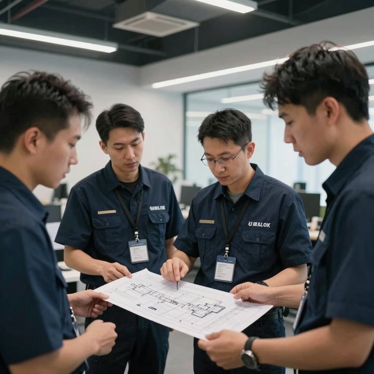 A professional team of technicians in uniform discussing a system blueprint in a modern North American / US commercial office space.