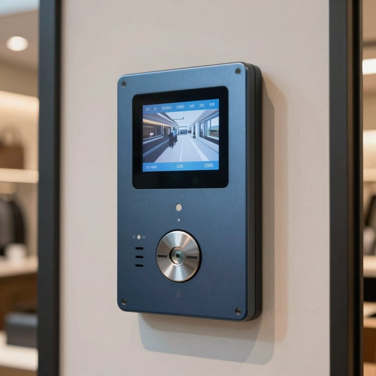 A contemporary wall-mounted intercom system with a video screen in a North American / US luxury retail outlet lobby, using Steel Blue metallic finishes.