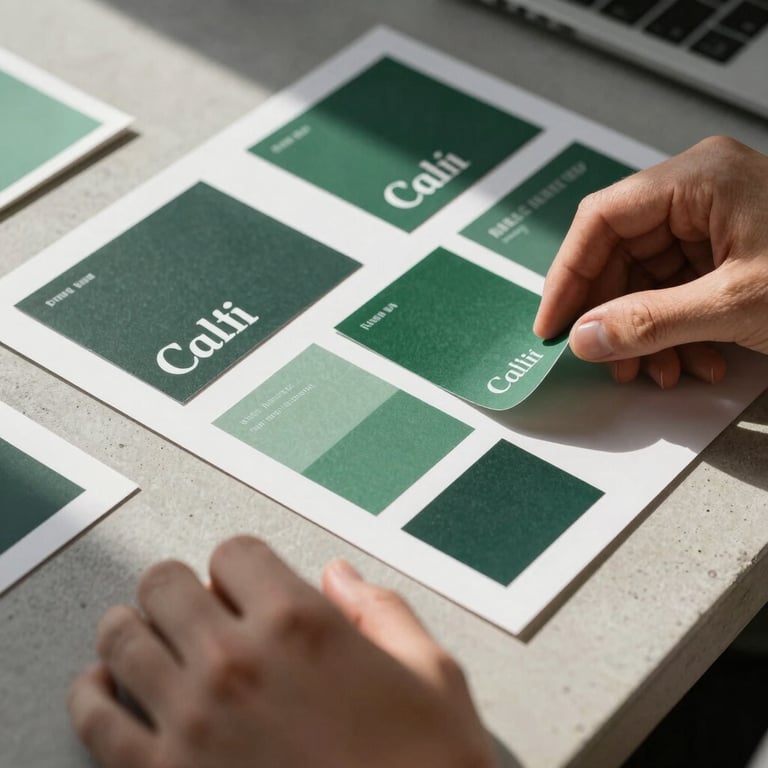 Close-up of a designer's hands arranging physical branding moodboards on a light concrete table, featuring sharp shadows, high-contrast lighting, forest green color swatches, and clean typography.
