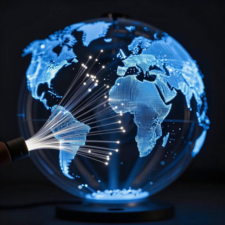 Abstract photography of glowing fiber-optic cables in tech blue and silver, representing global connectivity.