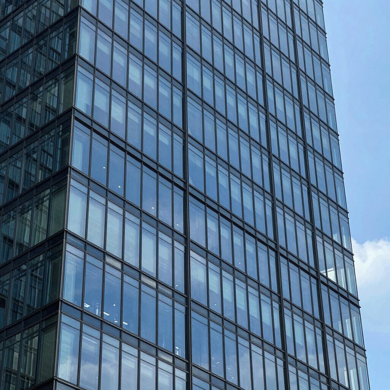 A modern architectural glass building reflecting a clear blue sky, capturing a sense of corporate transparency and power.