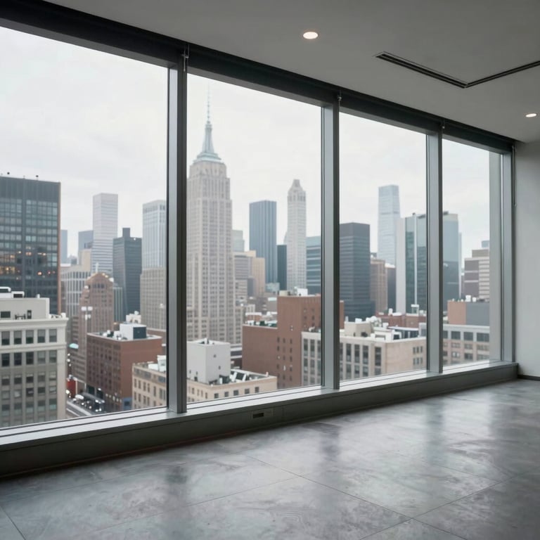 A luxury penthouse media studio in New York City with floor-to-ceiling windows showing a bright skyline.