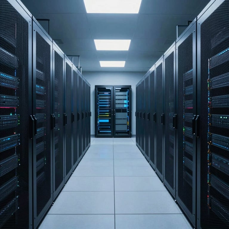 A clean, wide-angle shot of a futuristic data center with symmetrical rows of servers and soft blue lighting.