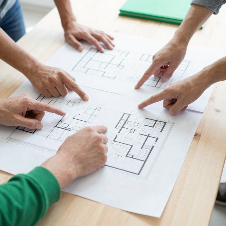 Bright editorial photography of hands pointing at blueprints on a wooden table during a community workshop, natural daylight, clean white and vibrant green accents, 35mm