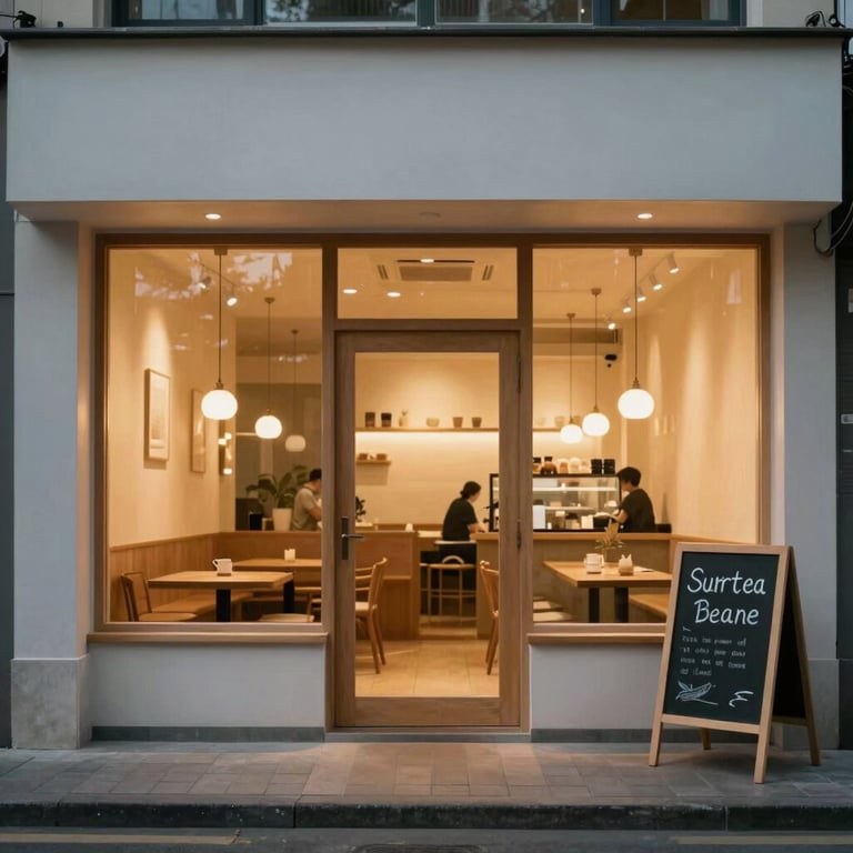A stylish, minimal cafe exterior at dusk with warm glowing windows and a chalkboard sign out front.