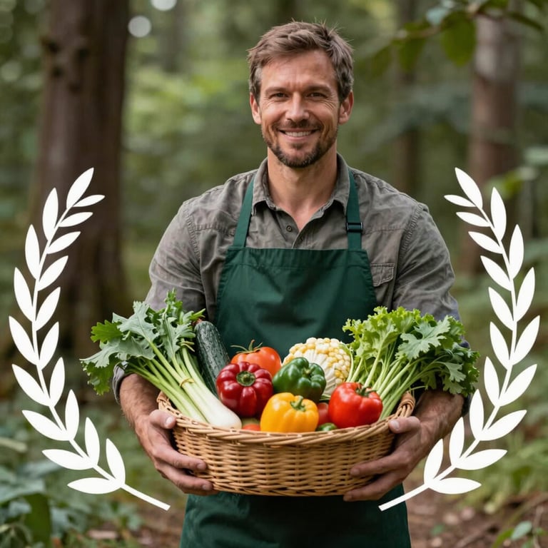 A local farmer in a dark forest green apron smiling while holding a basket of vibrant, fresh produce.