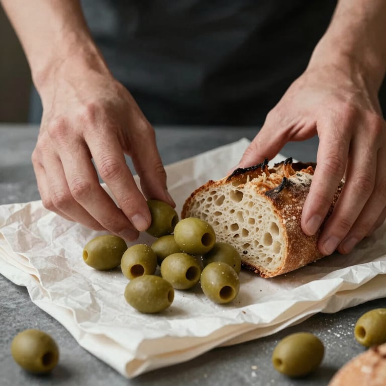 A social media manager's hands arranging artisanal bread and matte forest green olives on a crisp parchment cloth for a photo shoot.