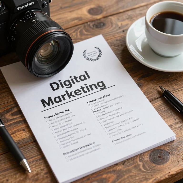 Overhead shot of a digital marketing plan, a camera lens, and a cup of coffee on a rustic wooden desk.