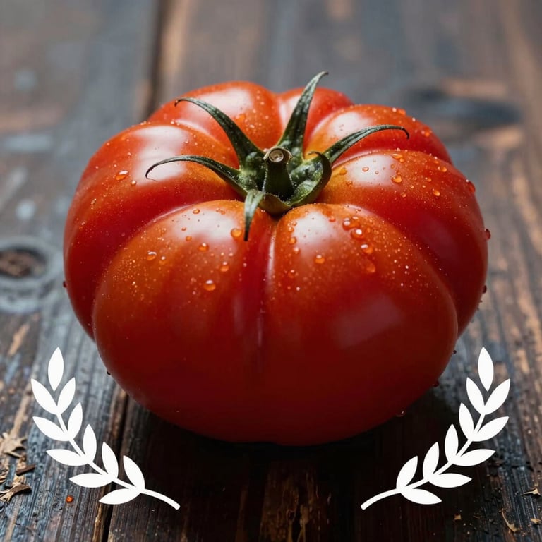 Close-up photography of a fresh, heirloom tomato with a deep ripe crimson skin resting on a weathered dark wood surface.