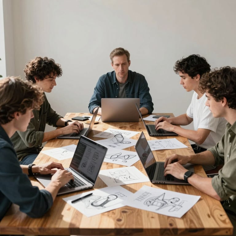 A team meeting in a sunlit studio, with laptops and sketches spread across a large oak table.