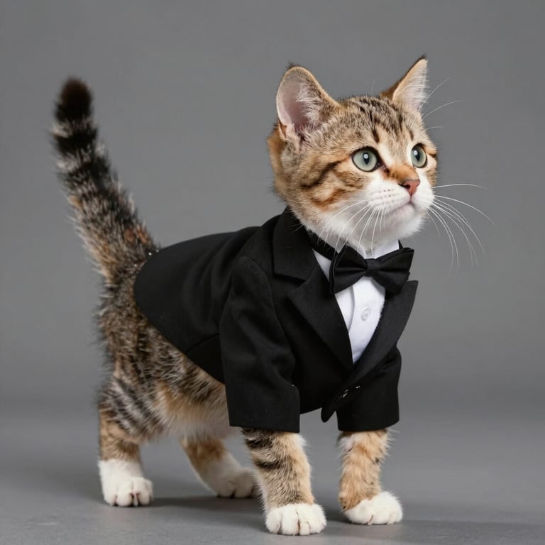 Un adorable gatito atigrado usando un elegante esmoquin negro y corbatín sobre un fondo gris.