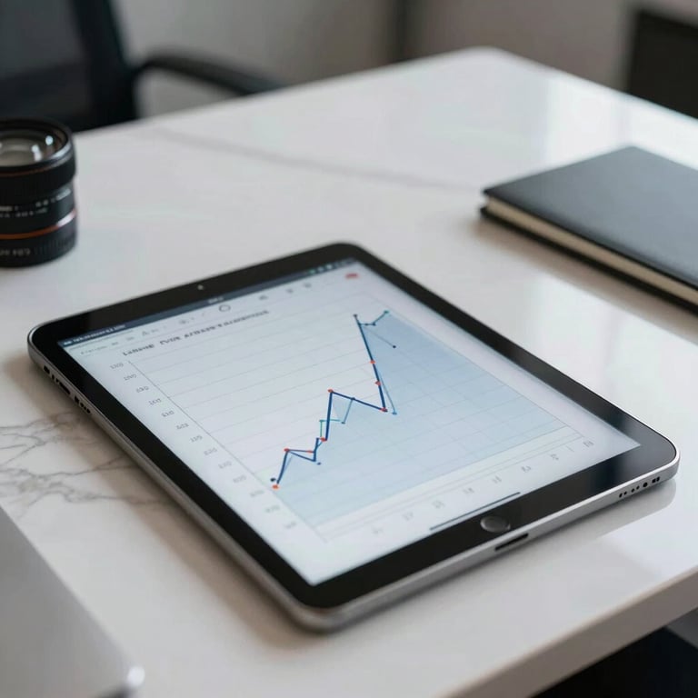 Photography of a digital tablet displaying growth charts on a white marble desk in a premium office.