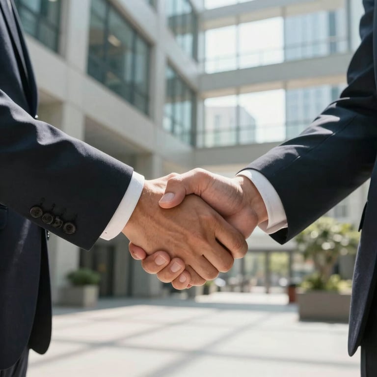 Photography of a professional handshake in a sunlit atrium of a modern corporate building in the US.