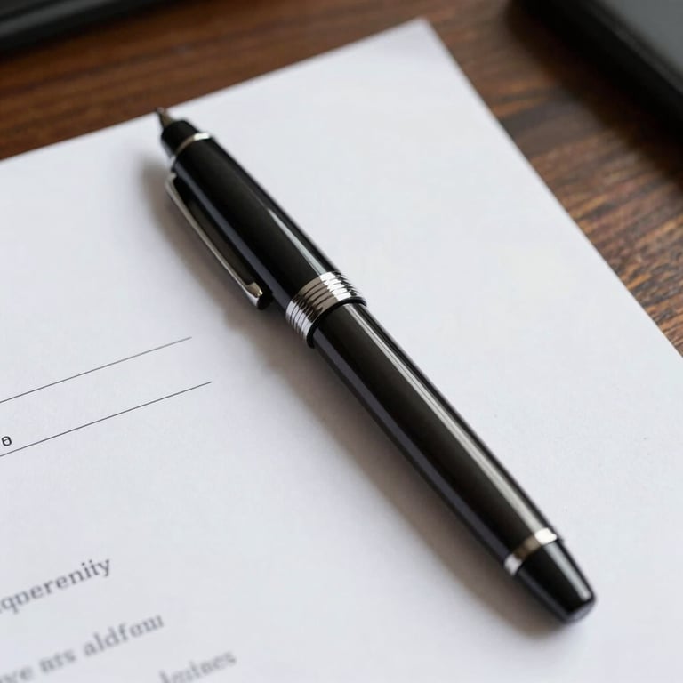 Photography of a detailed close-up of a fountain pen resting on a crisp white contract on a dark wood desk.
