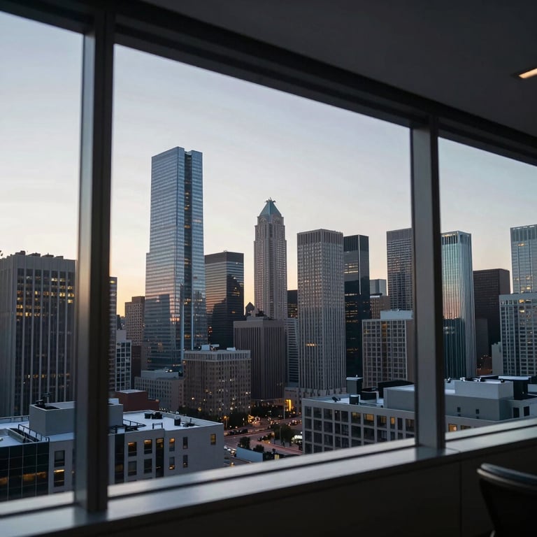 Photography of a sleek North American city skyline through a clean, modern office window at dawn.