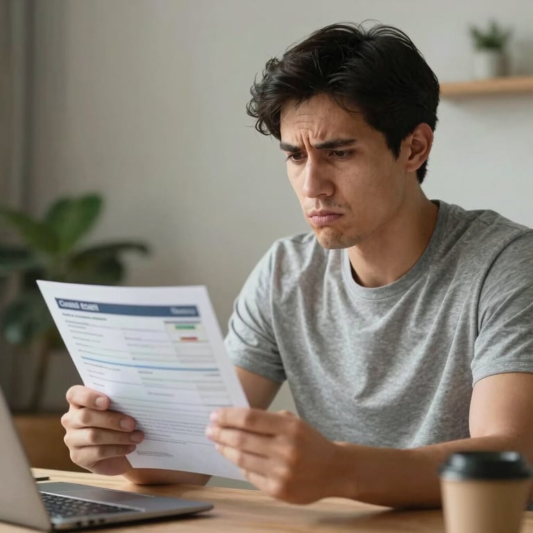 Photography of a confident person in a home office reviewing a credit report with a look of relief.