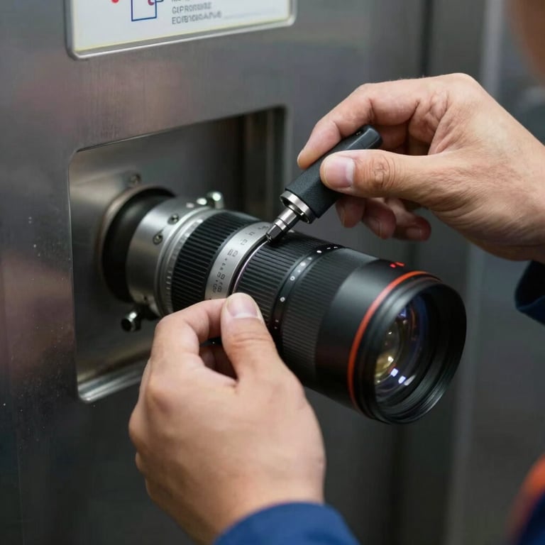 Close-up of a technician's hands using professional tools to adjust an elevator mechanism, showcasing safety.