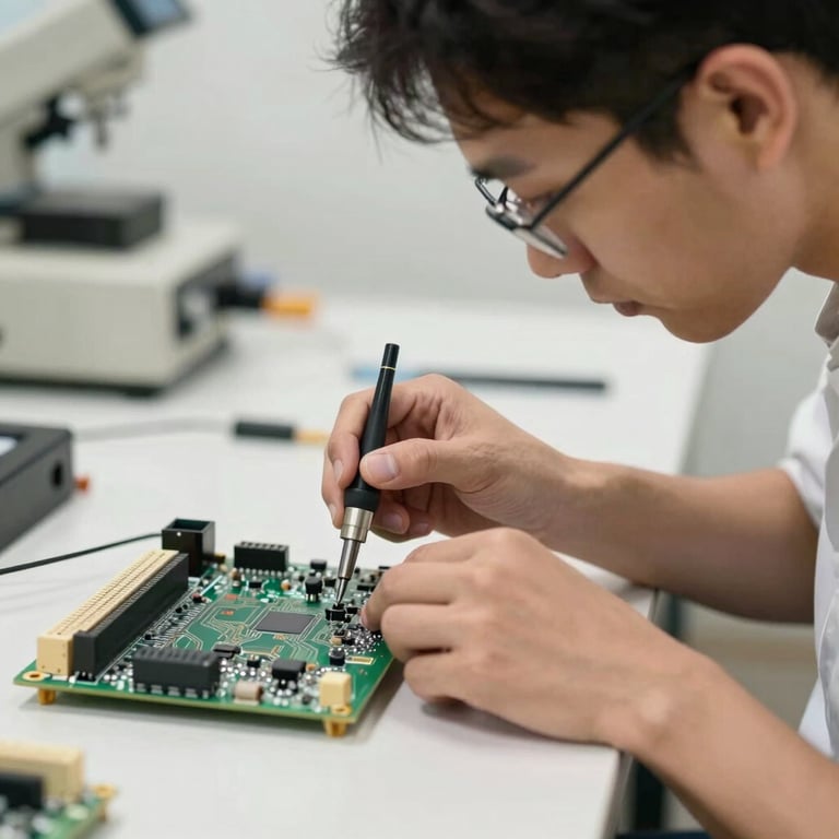 Technician inspecting a circuit board with precision in a clean, modern off-white environment in Colombia.