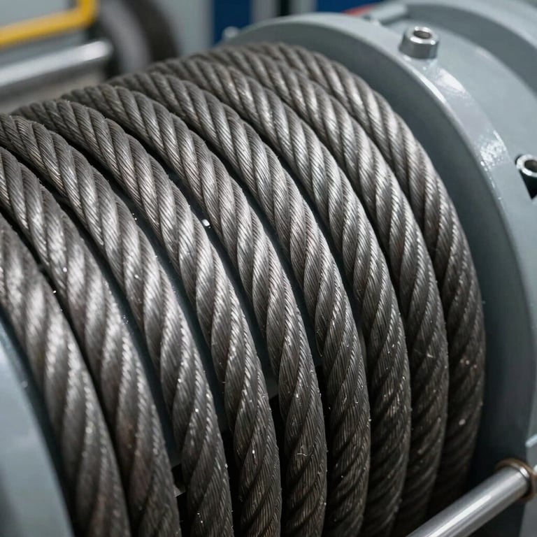 A set of heavy-duty industrial elevator cables in a well-maintained machine room with silver metallic textures.