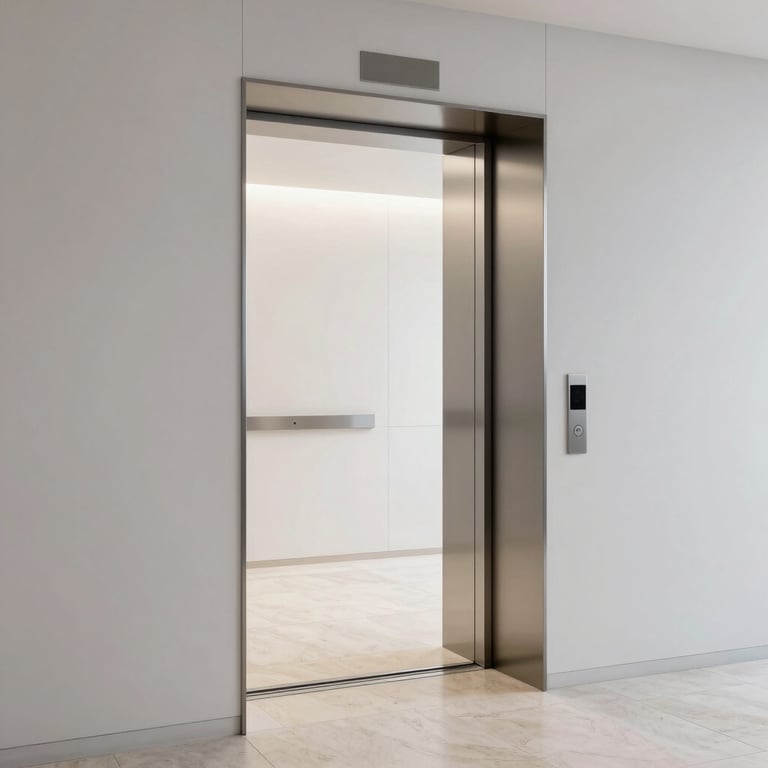 A sleek, minimalist elevator door opening to a bright lobby with off-white stone floors.