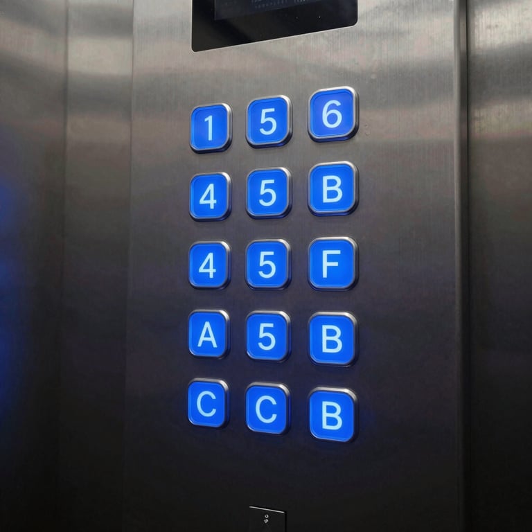 Professional photography of a modern elevator call panel with bright blue backlit buttons in a silver finish.