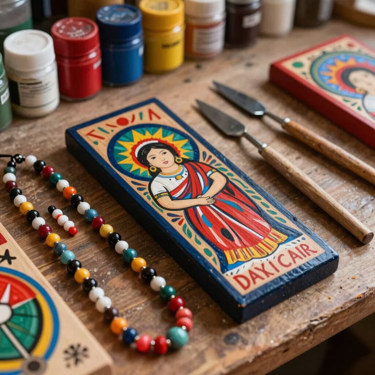 Detailed view of hand-painted wooden art pieces and colorful beaded necklaces resting alongside palette knives and paint jars in an artisan studio in Latin America / Chile.
