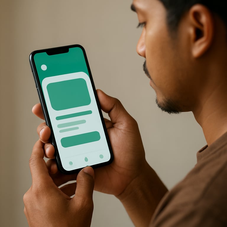 An Indonesian person holding a smartphone showing a user-friendly mobile application interface with green branding.
