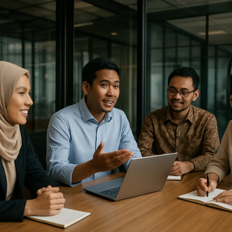 A team of Indonesian professionals in a focused but friendly meeting within a glass-walled conference room.